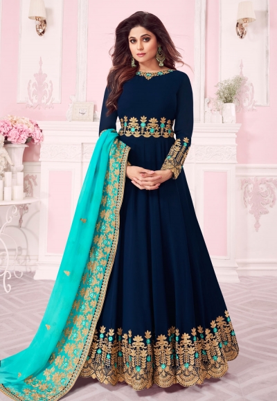 Shamita shetty navy blue georgette embroidered abaya style anarkali ...