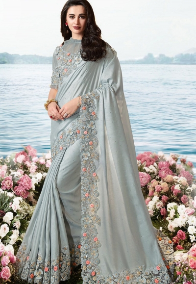 grey art silk heavy embroidered saree 6206