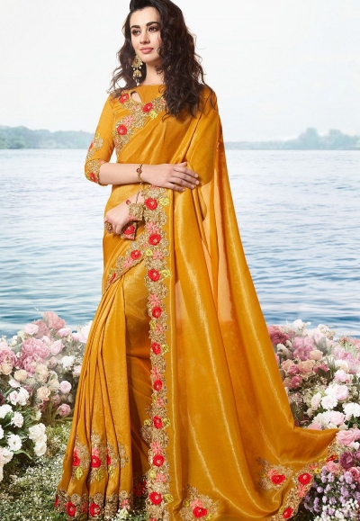 orange satin silk heavy embroidered saree 6212