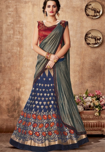 Art Silk Fabric Navy Blue Color Embroidered Lehenga and Choli with Zari &  Sequence work with Dupatta