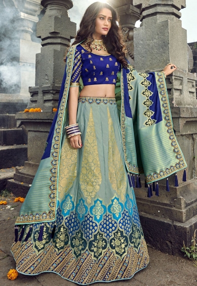 Blue-Green Color Party Wear Silk Jacquard Lehenga Choli – fashionnaari