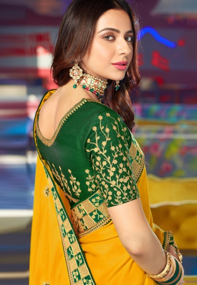 Rakul preet singh yellow satin festival wear saree 2001