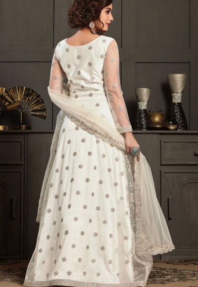 off white net embroidered front slit anarkali suit 4597