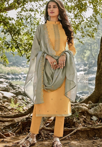 Resham Chanderi Pant Style Suit in Green buy online -