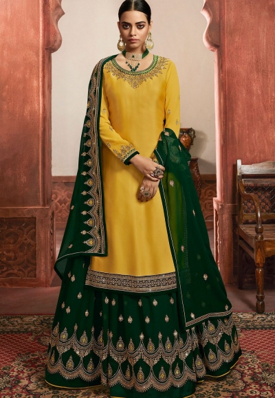 Embroidered Georgette Lehenga in Yellow and Teal Green : LCC1908