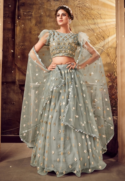 Grey Lehenga in Net Fabric With Intricate Mirror Work and a Heavy Blou –  Vidhaata's Selection