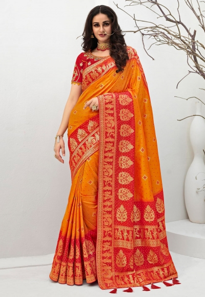 SAREE BANARASI ORANGE CUTWORK BOOTI PAITHANI BORDER BROCADE COTTON SAR –  banarasilooms