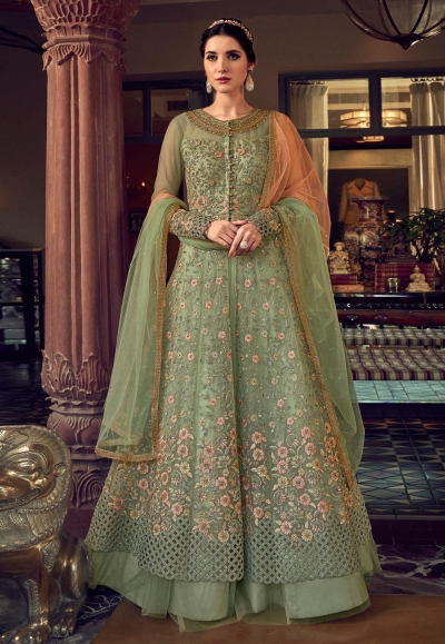 Green Georgette Embroidered Party Wear Wedding Circular Lehenga Choli