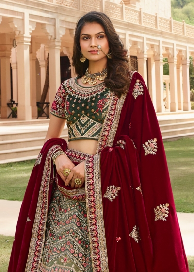 Laurel green Maroon Indian wedding hand work lehenga choli 986