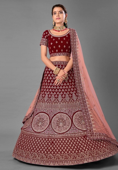 Velvet Fabric Maroon Color Lehenga & Choli with Embroidery, Thread &  Sequence Work and Net Dupatta