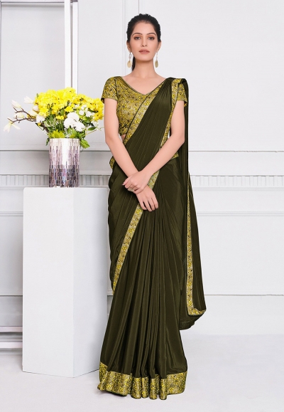 Tissue Lace Border and Print Work Mehendi Green Designer Silk Saree with  Double Blouse at Rs 3300 in Ahmedabad