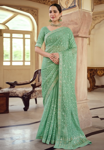 Vishal Prints Pastel Green Checks Patterned Fancy Chiffon Saree With D