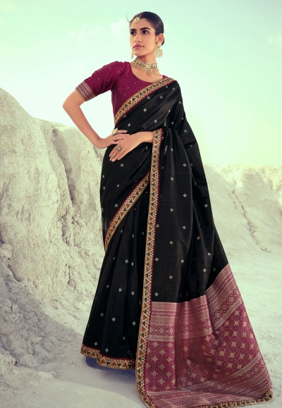 Semi Ghicha Shibori Printed Saree - Black with Pink – Looms Legacy