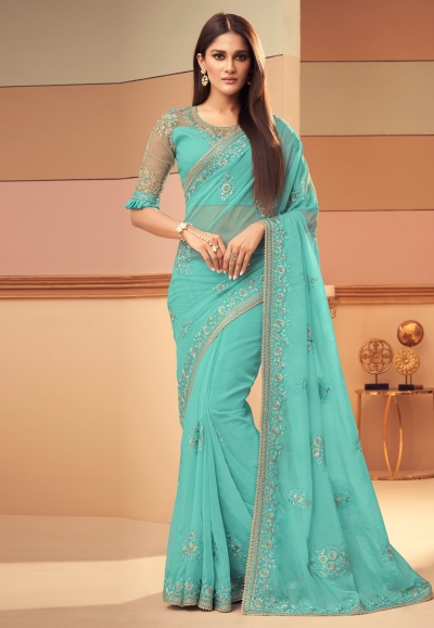 Sea Green Soft Georgette Plain Uniform Sarees For Housekeeping