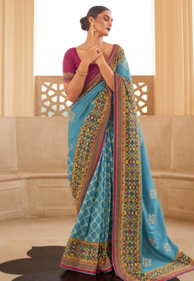 6.5 M Sky Blue and Pink (Base) Ladies Party Wear Printed Border Silk Saree  at Rs 1500/set in Surat