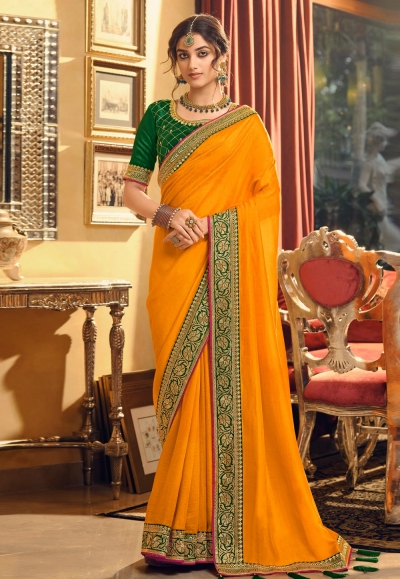 Party Wear Pleated Saree In Yellow Foil Work Silk With Blous