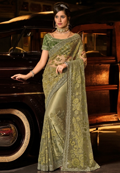 Mehndi Net Saree With Blouse 250766