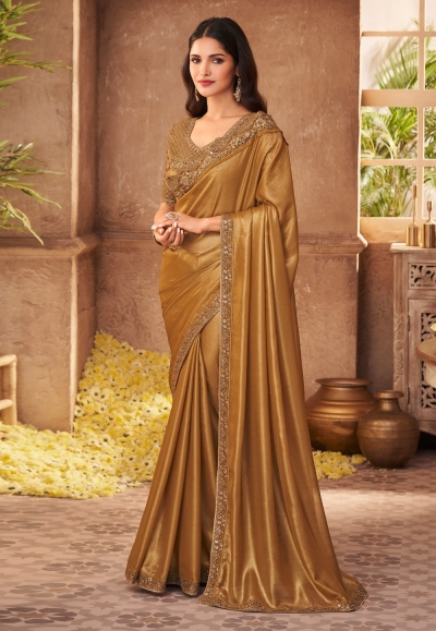 Golden Pre-Stitched Saree With Matching Beaded Blouse – TheStylease.com