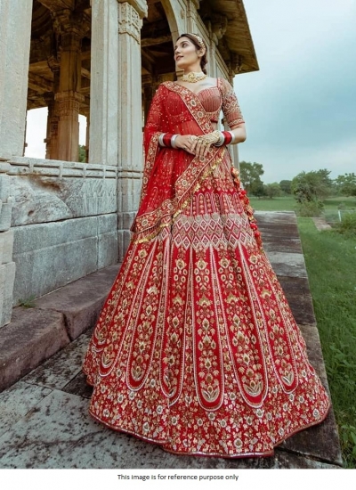 Buy Red satin embroidery bridal lehenga choli at