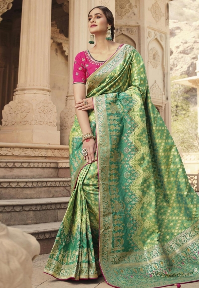 Green silk saree with blouse 10153