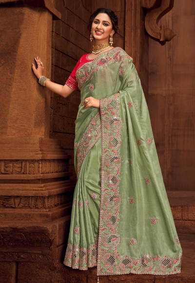 Light Green Embroidered Organza Saree