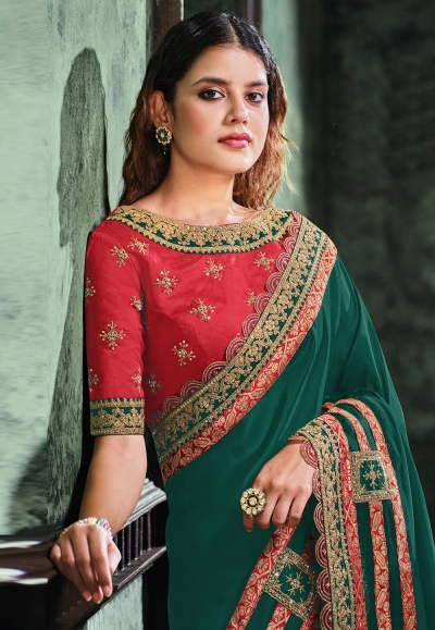 Green satin silk saree with blouse 22015