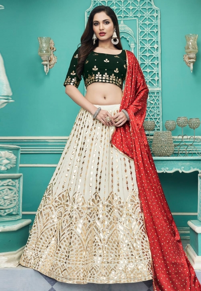 Off White-Green Color Wedding Wear Silk Jari Thread Work Lehenga –  fashionnaari