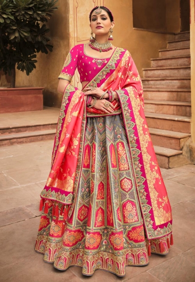 Pristine Peach and Red Net Embroidered Designer Lehenga Choli. – Inddus.com