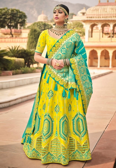 Chinon Fabric Yellow Color Sangeet Wear Riveting Lehenga Choli With Printed  Work