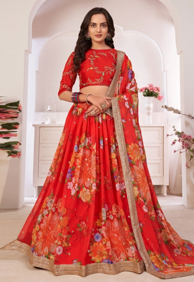 Buy Jesvi Women Red Floral Print Georgette Semi Stitched Lehenga and Crop  Top - Free Size Online at Best Prices in India - JioMart.