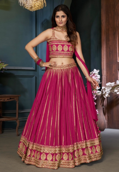 Buy Inddus Magenta Pink & Golden Woven Design Ready To Wear Lehenga &  Blouse With Dupatta - Lehenga Choli for Women 12710980 | Myntra