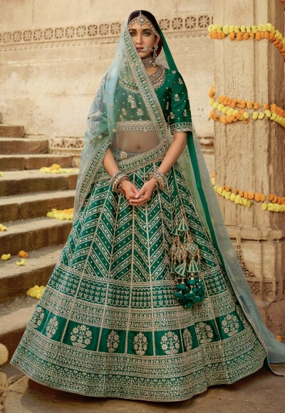 Buy Wedding Lehengas - Green Mirrorwork Embroidered Wedding Lehenga Choli