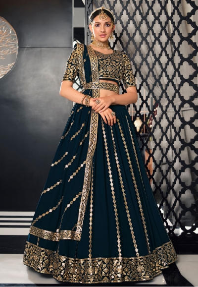 Embroidered Teal Color Fashionable Readymade Lehenga With Long koti In