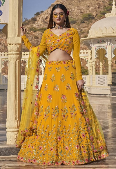 Soft net sequence work lehenga choli in Mustard colour 1171