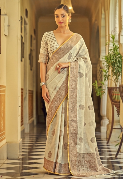 Beige Chiffon Printed Fancy Lace Border Saree for Women – Stilento