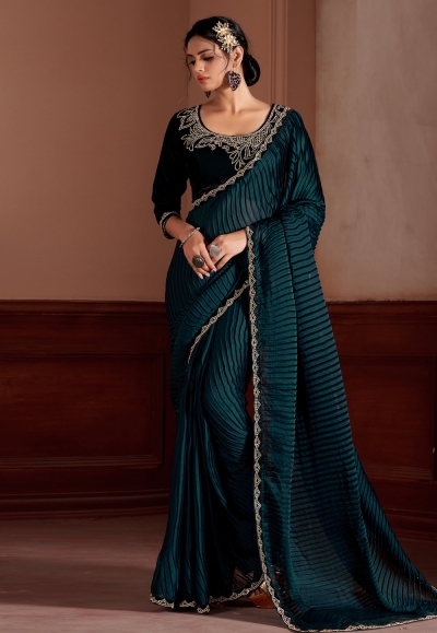 Teal Soft Silk Saree With Blouse 252681