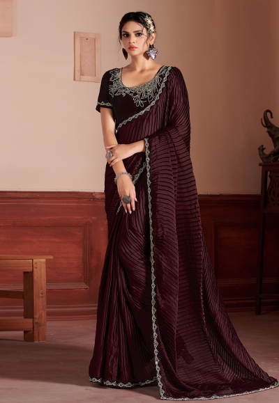 Buy Maroon Silk Plain Designer Sari Online : Indian Ethnic Wear - Saree