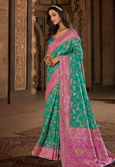 Sea Green Dupion Silk Handwoven Saree With Zari Woven Lotus And Textur –  Charukriti