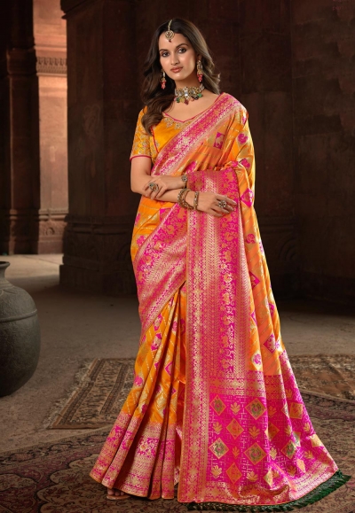 Pink Orange Woven Soft Silk Saree - Clothsvilla