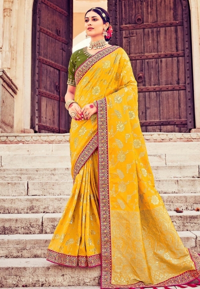 Radiant Yellow Silk Festive Saree With Heavy Embroidered Green Blouse –  RawaazFashion