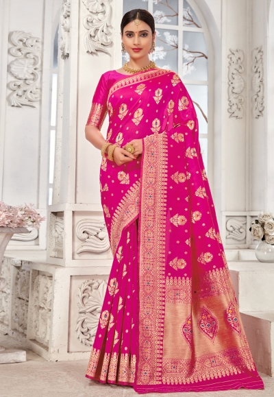 Shop Bright Pink Banarasi Saree Online in USA with Embroidered Border –  Pure Elegance