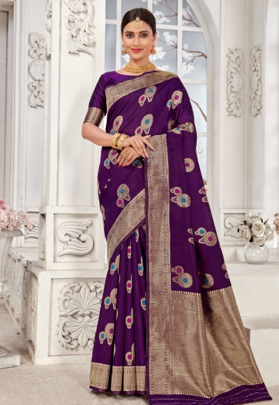 Excellent Silk Purple Color Saree With Heavy Embroidered Blouse