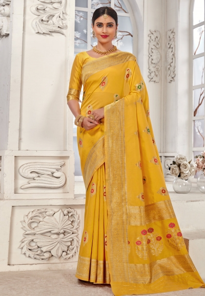 Katan Silk Saree Yellow Color Banarasi Weaves with running blouse -  IndieHaat – Indiehaat.com