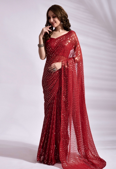 Red Floral Sequins Embroidered Georgette Saree