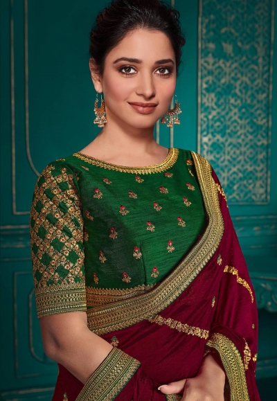 Tamannaah bhatia Silk bollywood Saree in maroon colour 9714