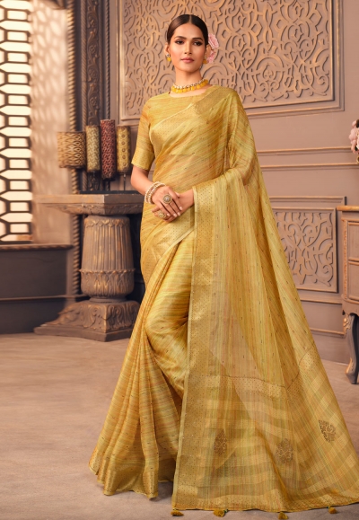 Buy chamunda Fashion Printed, Woven Banarasi Organza Yellow Sarees Online @  Best Price In India | Flipkart.com