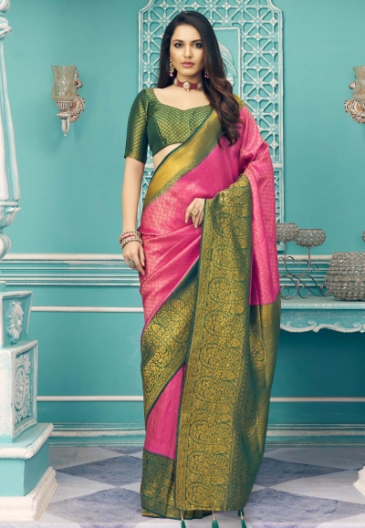 Bridal, Wedding Pink and Majenta color Silk fabric Saree : 1912317