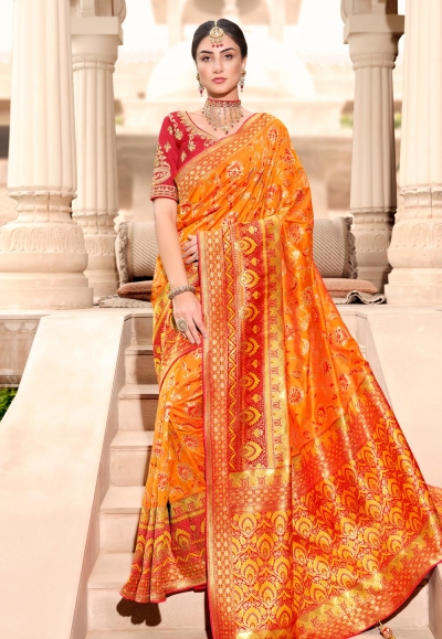 Neon Carrot Orange Banarasi Tussar Woven Silk Saree – MySilkLove