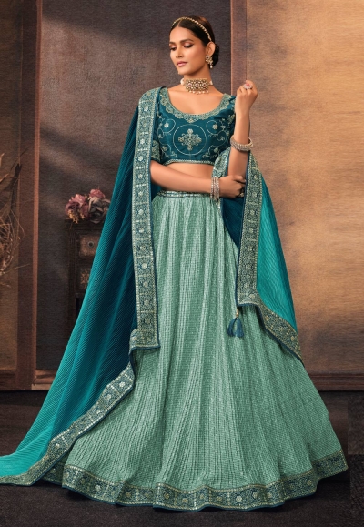 Turquoise Blue Chinon Silk Sequins Embroidered Work Lehenga
