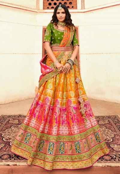 Mustard Yellow Lehenga Choli & Koti with Mirror Work - Urban Womania